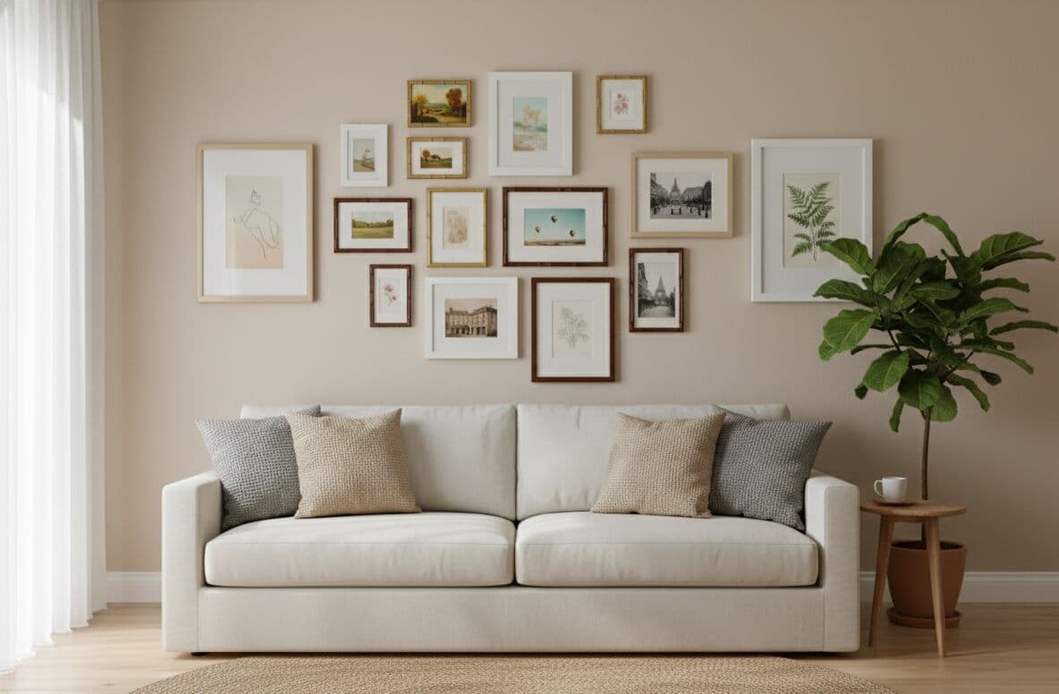 Bamboo frames displayed in gallery wall arrangement above sofa with mixed artwork styles demonstrating versatile natural styling for coordinated displays