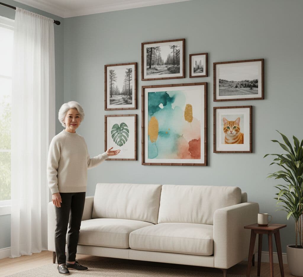 Bamboo Frame creating elegant gallery wall with nature photography and botanical prints in modern home interior with soft natural lighting