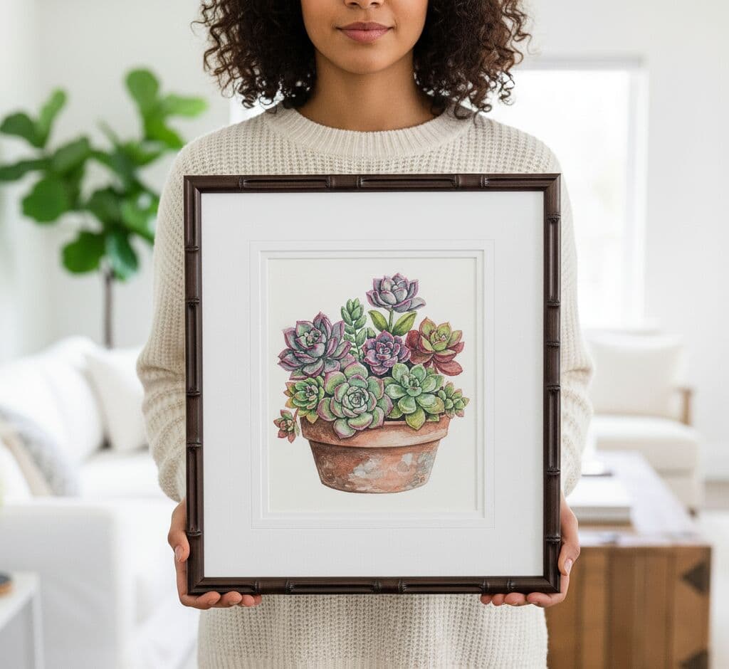 Bamboo Frame presenting succulent botanical illustration built for plant lovers and nature-inspired artwork in contemporary settings