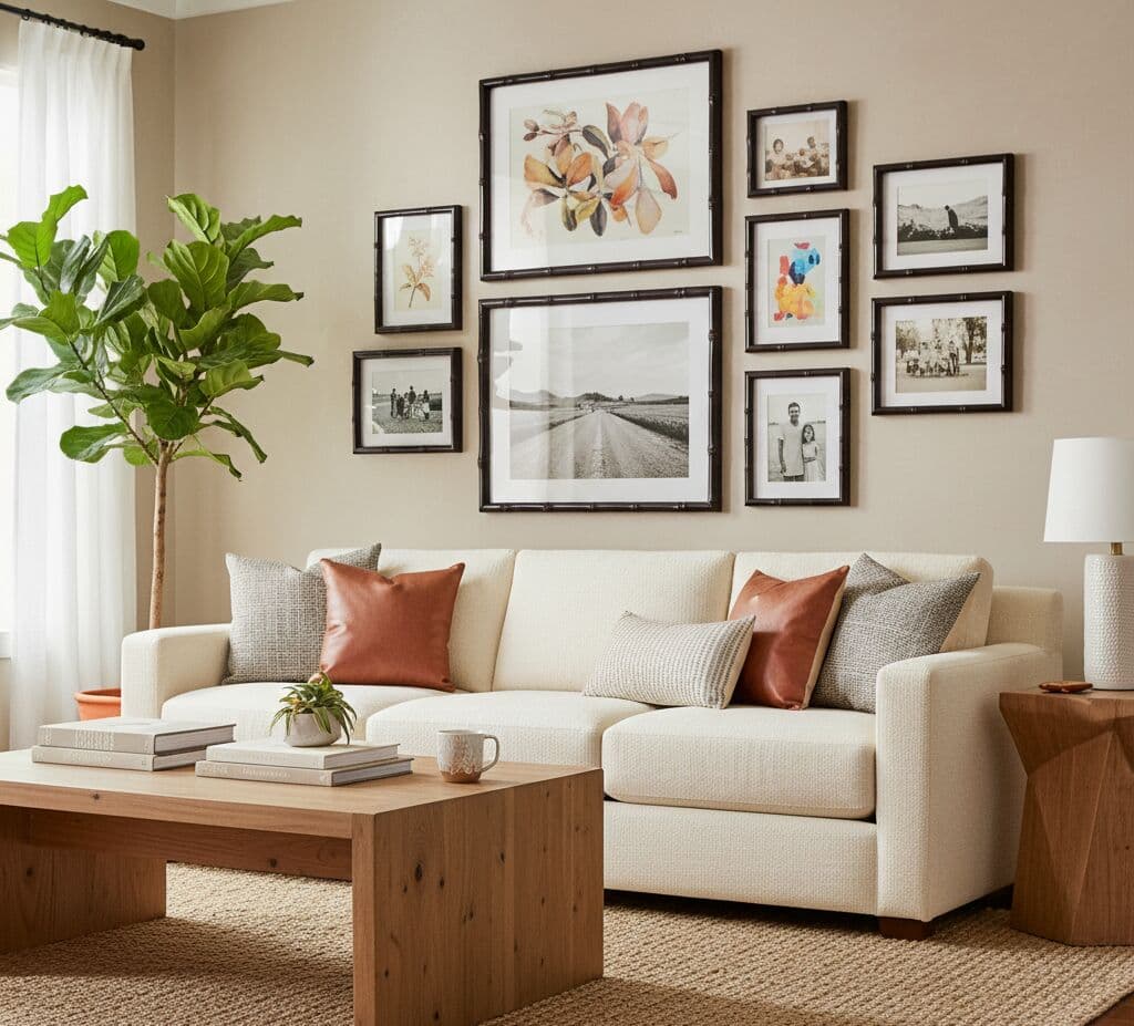 Bamboo frames in sophisticated gallery wall display featuring mixed botanical artwork and vintage photography above living room sofa