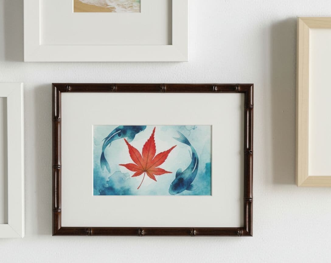 Bamboo Frame detail shot showcasing Japanese maple leaf watercolor artwork with natural bamboo texture complementing organic subject matter