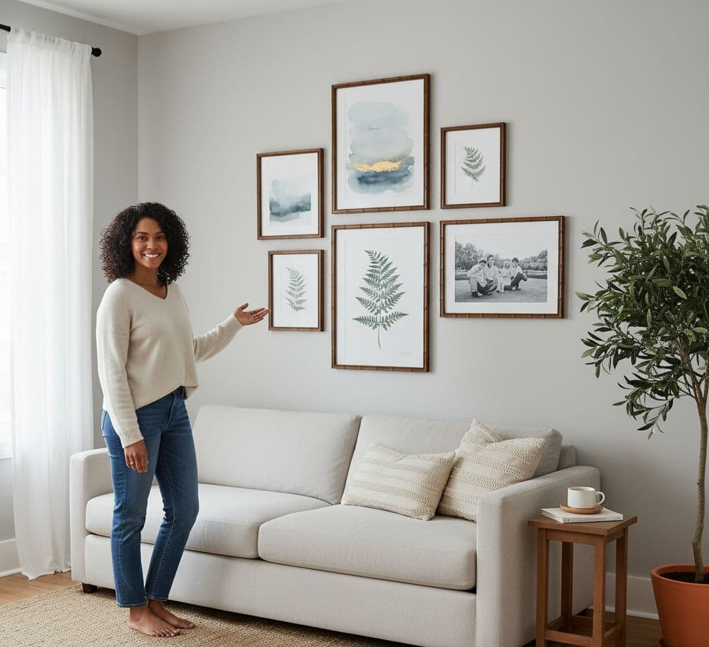 Bamboo Frame displayed in curated gallery wall arrangement with fern botanical prints and nature photography in bright modern living space