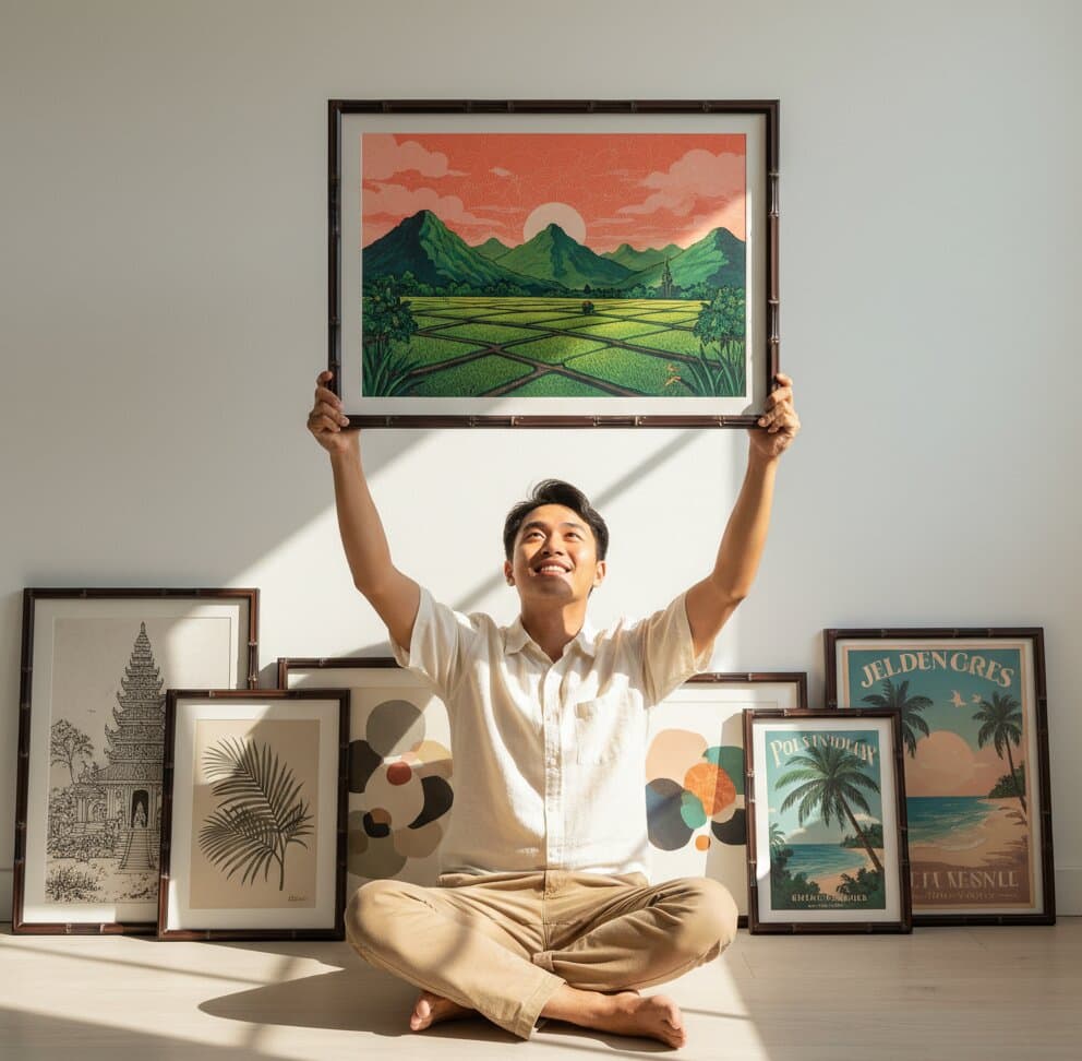 Man sitting cross-legged on floor joyfully holds Bamboo Frame displaying vibrant rice paddy landscape art with mountains and coral sky surrounded by collection of bamboo frames featuring temple architecture, palm botanical print, geometric shapes, and tropical travel posters in sunlit minimalist setting