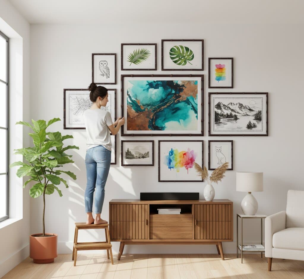 Woman standing on wooden step stool arranging expansive gallery wall of eleven Bamboo Frame displaying turquoise abstract watercolor art, palm and monstera botanical prints, owl sketch, vintage mountain photography, rainbow watercolor tree, and minimalist cat line drawing above mid-century modern credenza with fiddle leaf fig and white ceramic accessories