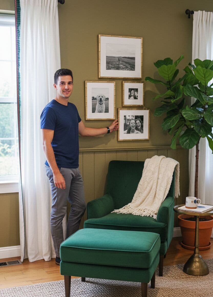 Bamboo Gold Frame in gallery wall arrangement with black and white family photos demonstrating coordinated metallic framing for personal collections