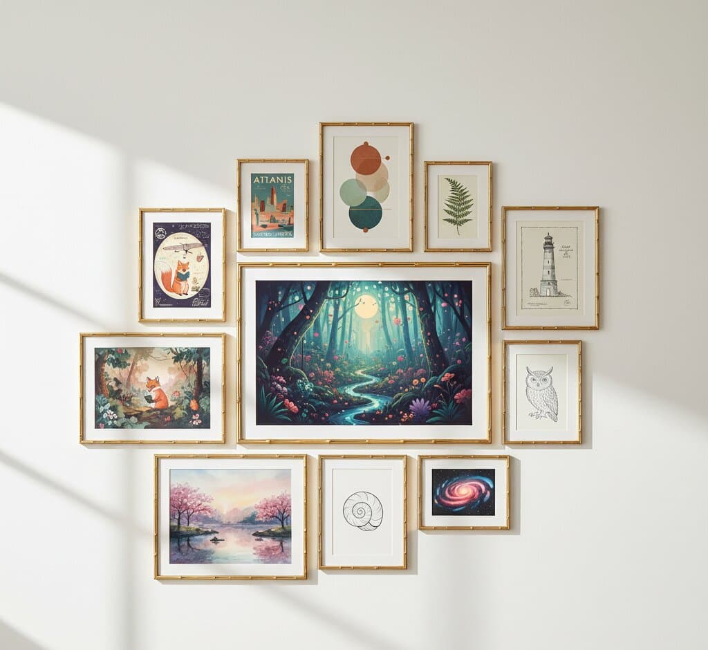 Sophisticated asymmetric gallery wall featuring eleven Bamboo Gold Frame displaying enchanted moonlit fantasy forest with magical creatures, whimsical fox woodland scene, vintage Atlantis underwater city travel poster, modern geometric circles in sage and terracotta, delicate fern botanical illustration, lighthouse technical sketch, serene Japanese cherry blossom bridge watercolor, minimalist owl line drawing, nautilus shell spiral drawing, and spiral galaxy astronomy photograph in dramatic diagonal window light showcasing luxurious gold frame versatility