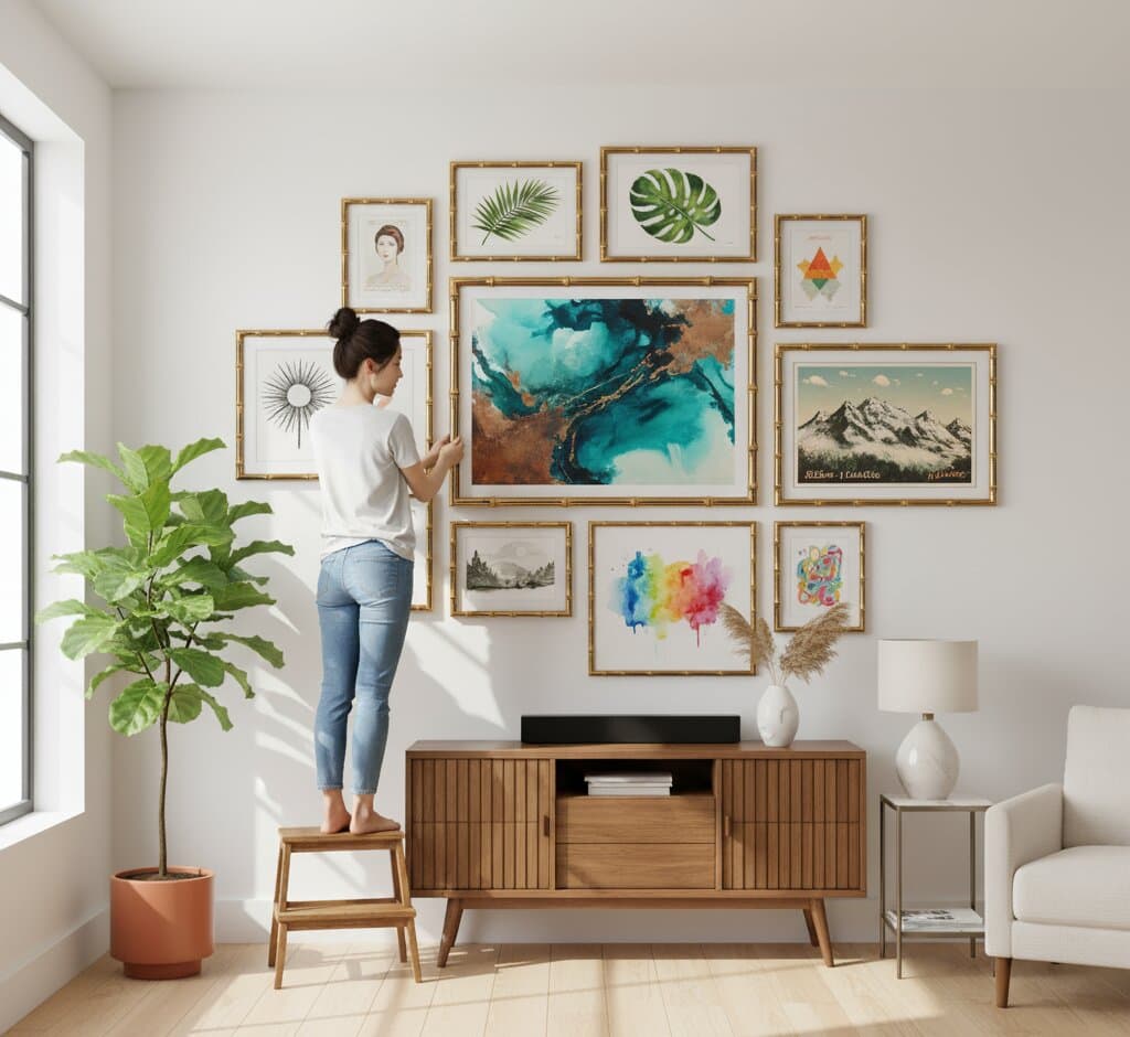 Woman standing on wooden step stool arranging expansive gallery wall of eleven Bamboo Gold Frame displaying turquoise and bronze abstract watercolor art, tropical palm and monstera botanical prints, vintage portrait sketch, vibrant geometric diamond shapes, monochrome mountain landscape photography, rainbow watercolor tree illustration, and minimalist cat line drawing above mid-century modern credenza with fiddle leaf fig plant and white ceramic table lamps in bright contemporary living room