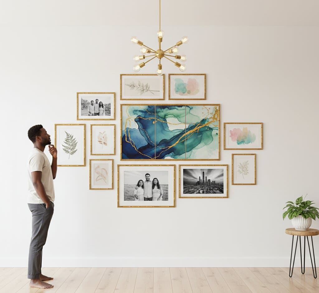 Bamboo Gold Frame with white mat displaying ethereal enchanted bamboo forest painting featuring vibrant green bamboo stalks, pink cherry blossoms, and mystical golden moonlight glow mounted on textured white wall in dramatic diagonal shadow patterns showcasing luxurious gold bamboo texture excellent for fantasy nature artwork and Asian-inspired illustrations