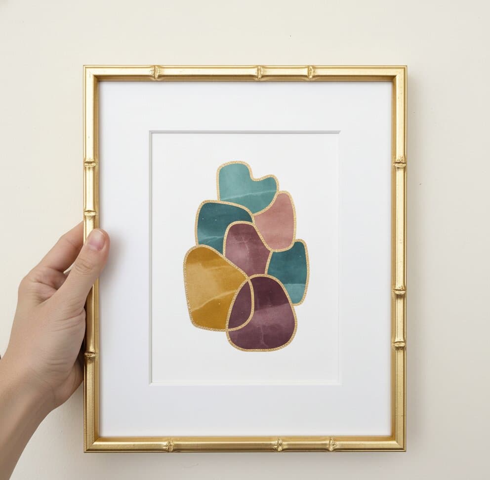 Hand holding Bamboo Gold Frame with generous white mat displaying modern abstract art featuring organic shapes in teal, mauve pink, mustard yellow, and purple with elegant gold metallic outlines against soft neutral background demonstrating clean picture framing for contemporary geometric artwork with complementary gold frame finish