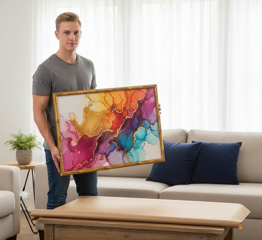 Man standing on walnut media console adjusting asymmetric gallery wall of seven Bamboo Gold Frame displaying vibrant abstract expressionist painting with bold color blocks, dramatic ocean wave seascape, delicate fern botanical illustration, minimalist geometric shapes, and vintage cityscape sketch above potted houseplants with mustard yellow armchair in bright contemporary living room demonstrating professional gallery wall installation