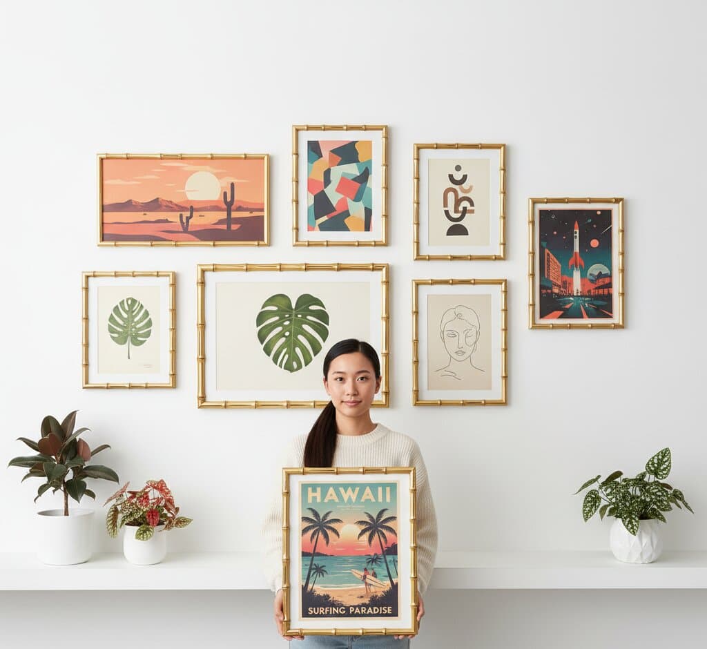Man kneeling on gray sofa adjusting stairway gallery wall of six Bamboo Gold Frame displaying simple coffee cup line art, monochrome misty mountain landscape photograph, colorful geometric block tiles in coral and teal, watercolor bird on flowering branch, and minimalist house illustration in bright contemporary living room with navy throw pillows demonstrating versatile gold frame styling for eclectic art collections