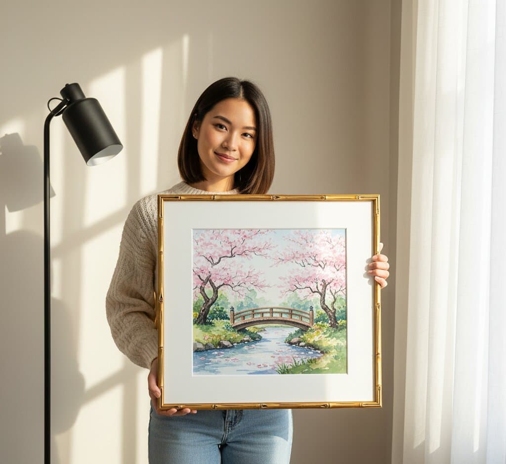 Smiling woman in gray cable-knit sweater holds Bamboo Gold Frame with white mat displaying vibrant alcohol ink floral burst art in brilliant magenta, hot pink, orange, golden yellow, and purple hues in bright contemporary living room with teal armchair and fiddle leaf fig demonstrating picture framing for bold contemporary watercolor artwork with complementary metallic gold finish
