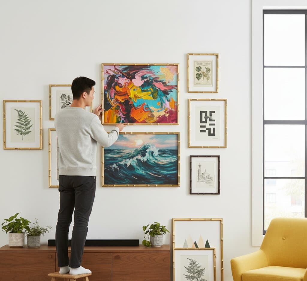 Man in gray t-shirt holds large Bamboo Gold Frame displaying spectacular alcohol ink abstract art in rich jewel tones featuring magenta, violet, orange, golden yellow, turquoise, and emerald with shimmering gold metallic accents in bright minimalist living room with beige sofa and navy pillows demonstrating picture framing for contemporary fluid art with coordinating luxurious gold bamboo frame