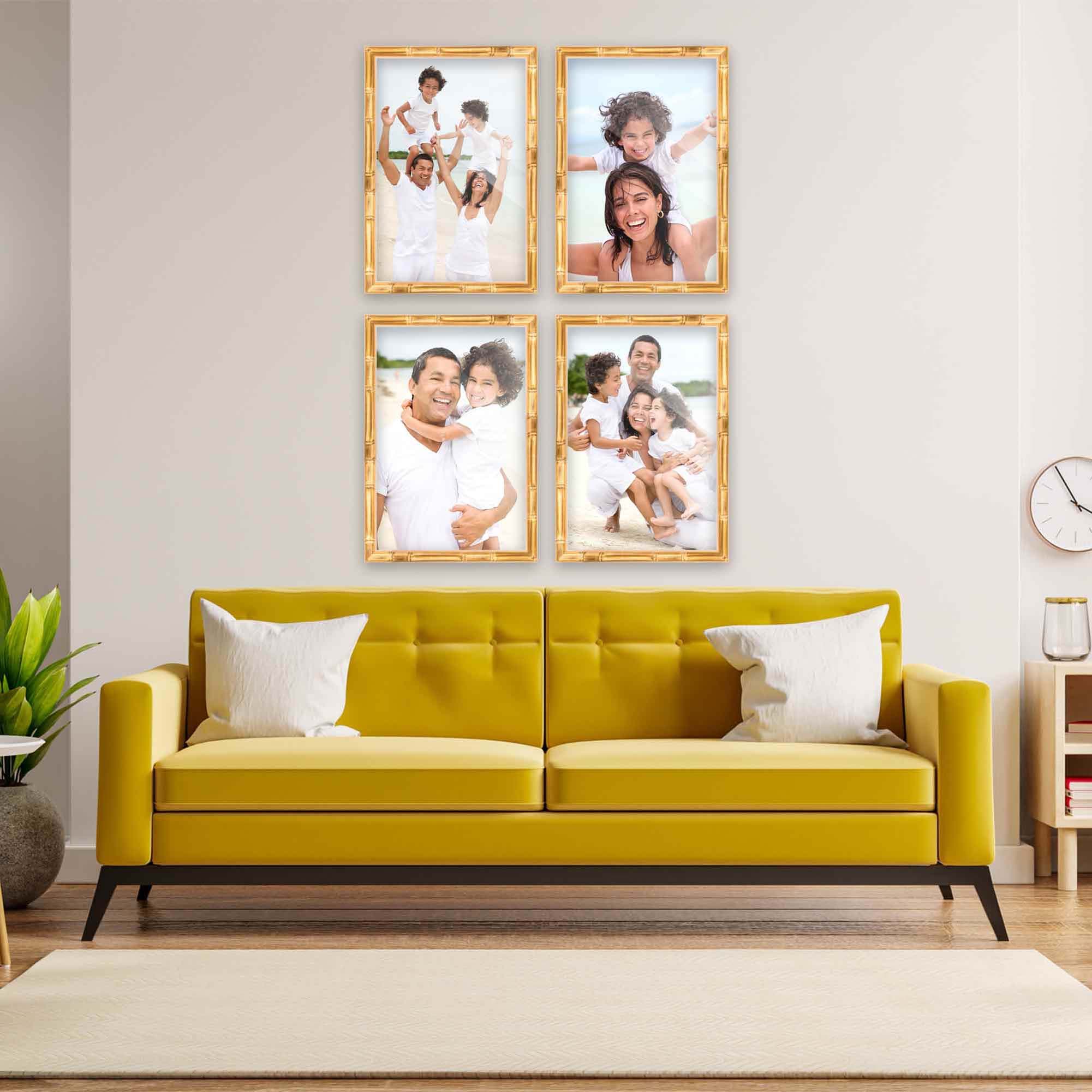 Four large Bamboo Gold Frame above contemporary yellow sofa displaying family portraits in matching metallic gold finish suited to formal living spaces