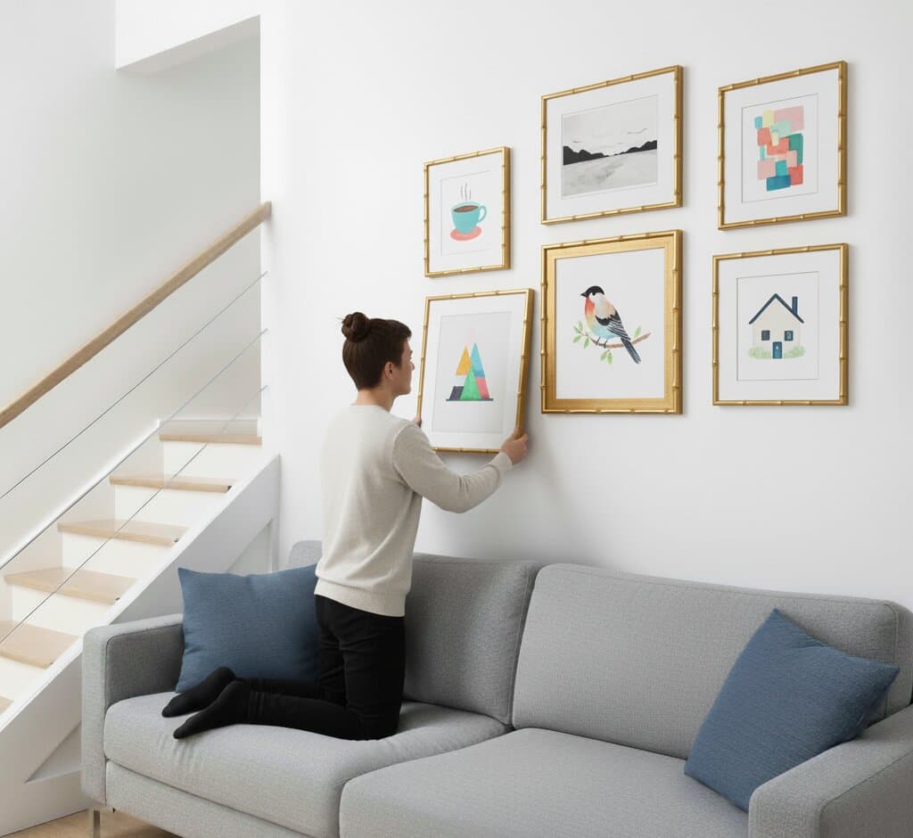 Man standing barefoot contemplating symmetrical gallery wall arrangement of twelve Bamboo Gold Frame centered around oversized turquoise and emerald abstract watercolor art with gold metallic accents, surrounded by delicate fern botanicals, two black and white family portrait photographs, soft watercolor circles in pink and blue, and monochrome cityscape architecture sketch beneath modern brass sputnik chandelier with potted plant on side table demonstrating formal balanced gallery wall design