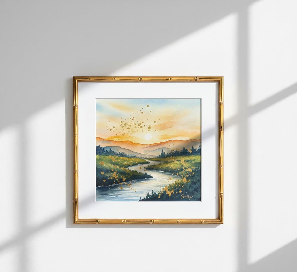 Bamboo Gold Frame with white mat displaying serene watercolor landscape painting featuring winding river valley through blue-gray mountains beneath golden orange sunset sky with delicate gold speckles, emerald green forest vegetation along riverbanks, and soft peachy mountain ridges mounted on textured white wall in dramatic diagonal shadow pattern showcasing luxurious gold bamboo texture crafted for tranquil nature artwork and contemporary landscape paintings