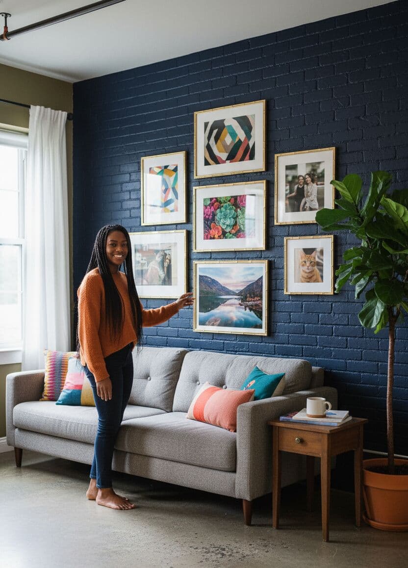 Bamboo Gold frames mixed with white frames on navy accent wall creating sophisticated eclectic gallery featuring art prints and photography in coordinated display