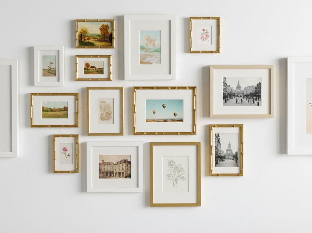 Mixed gallery wall featuring Bamboo Gold frames alongside white wood frames displaying vintage photography and botanical prints in curated arrangement