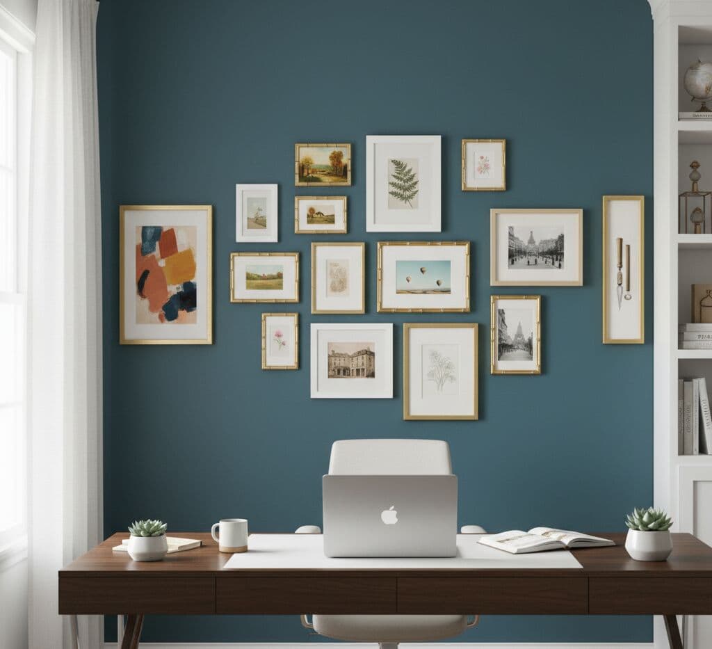 Bamboo Gold Frame arranged in gallery wall above home office desk featuring art prints and photography in professional workspace setting
