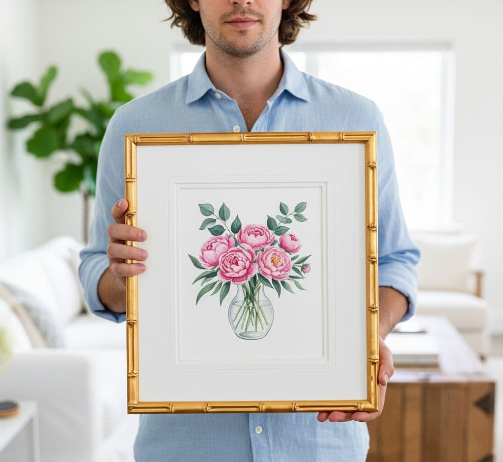Bamboo Gold Frame with double mat showcasing watercolor floral art demonstrating elegant presentation for botanical illustrations and formal artwork
