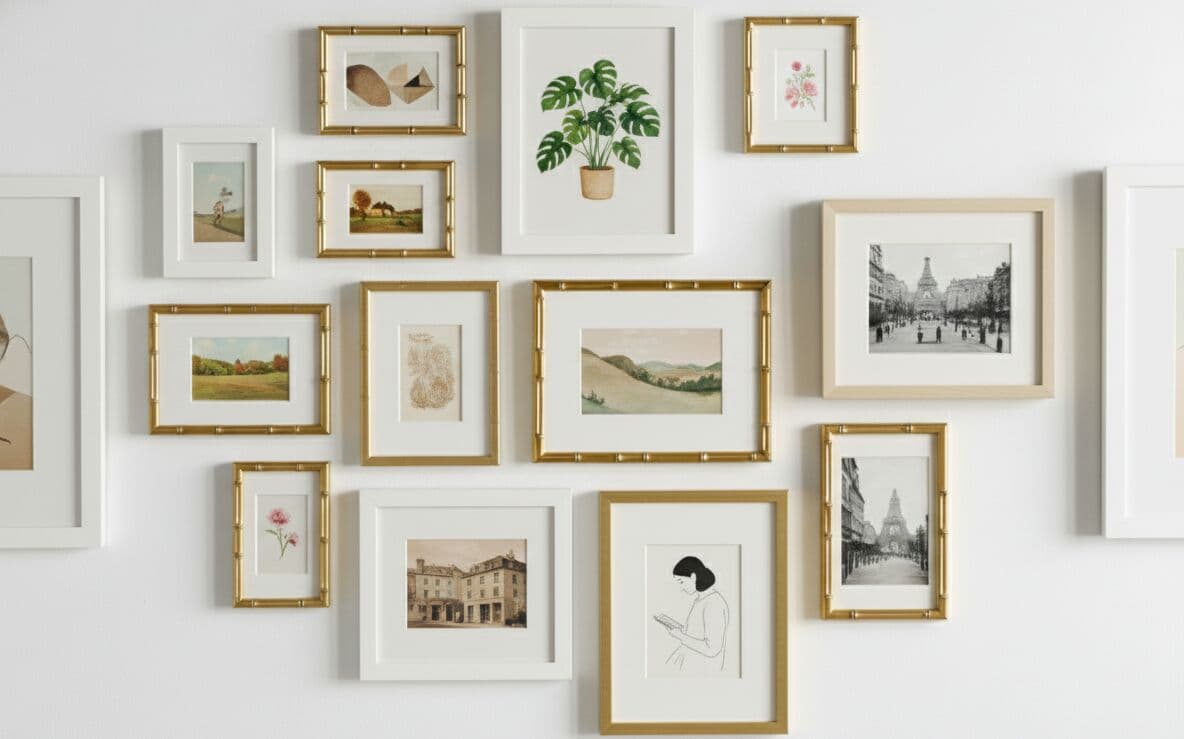 Gallery wall featuring Bamboo Gold frames mixed with white and natural wood frames displaying landscape paintings and vintage photography in sophisticated arrangement