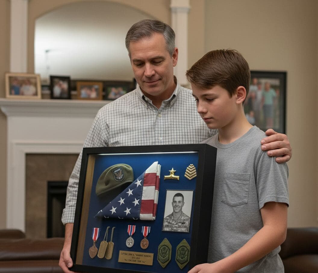 Father and son displaying black deep shadowbox frame containing military memorial tribute with folded American flag service photo Bronze Star medals dog tags and rank insignia on navy backing demonstrating professional shadow box frame for veteran memorabilia military service displays retired soldier keepsakes fallen hero tributes and patriotic family heirlooms with dignified presentation
