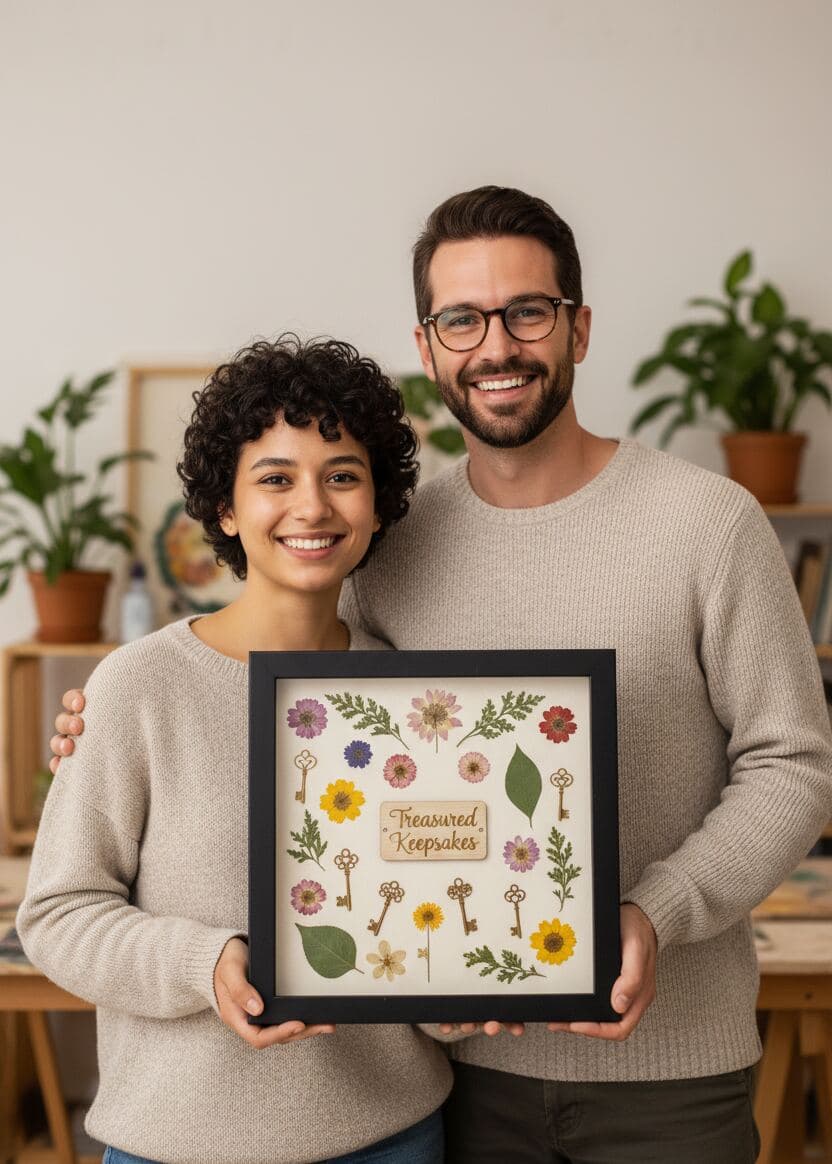 Couple holding black shadowbox picture frame with pressed flowers arranged around Treasured Keepsakes wooden sign featuring colorful preserved garden blooms vintage brass keys and natural botanicals demonstrating custom shadow box for pressed flower art botanical preservation nature keepsakes garden memory frames and sentimental dried flower displays