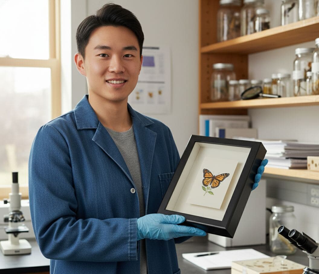 Laboratory scientist displaying black specimen shadowbox frame containing preserved monarch butterfly on white mounting board in professional research facility demonstrating museum-quality shadow box for butterfly collections insect specimens scientific displays natural history preservation entomology exhibits and conservation framing for delicate biological specimens