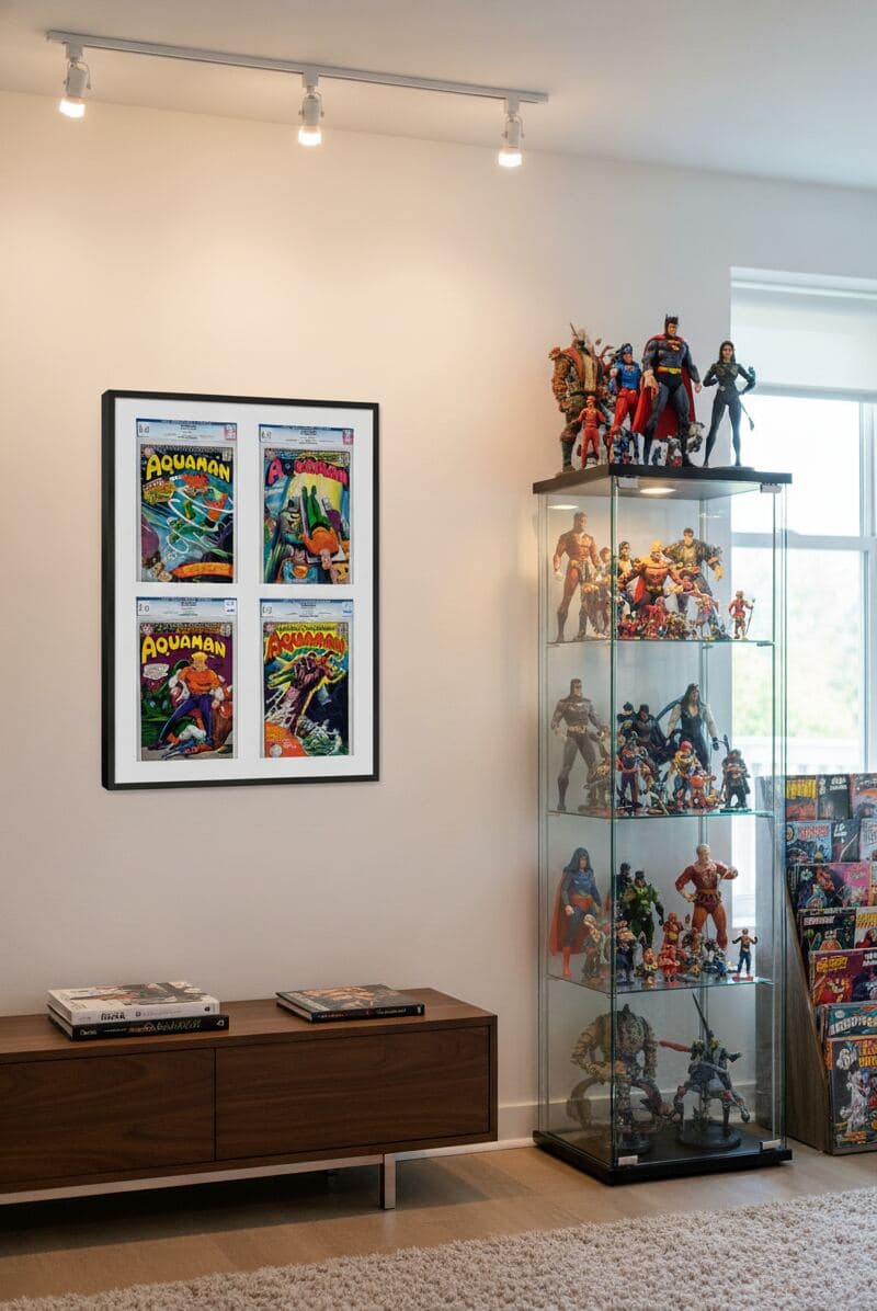 Modern collector's room featuring black shadowbox frame with vintage Aquaman comic book covers displayed alongside illuminated glass showcase filled with superhero action figures demonstrating custom picture frame for comic book art collectible display pop culture memorabilia comic preservation geek room decor and dimensional shadow box framing for entertainment collections