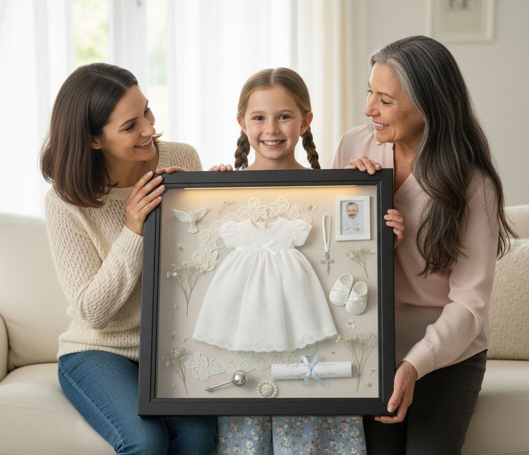 Three generations of women holding large black shadowbox frame containing preserved white christening gown with lace baby shoes baptism photo cross necklace and dried flowers on cream backing demonstrating family heirloom shadow box for baptism keepsakes christening memories religious milestones baby's first outfit and generational treasure preservation
