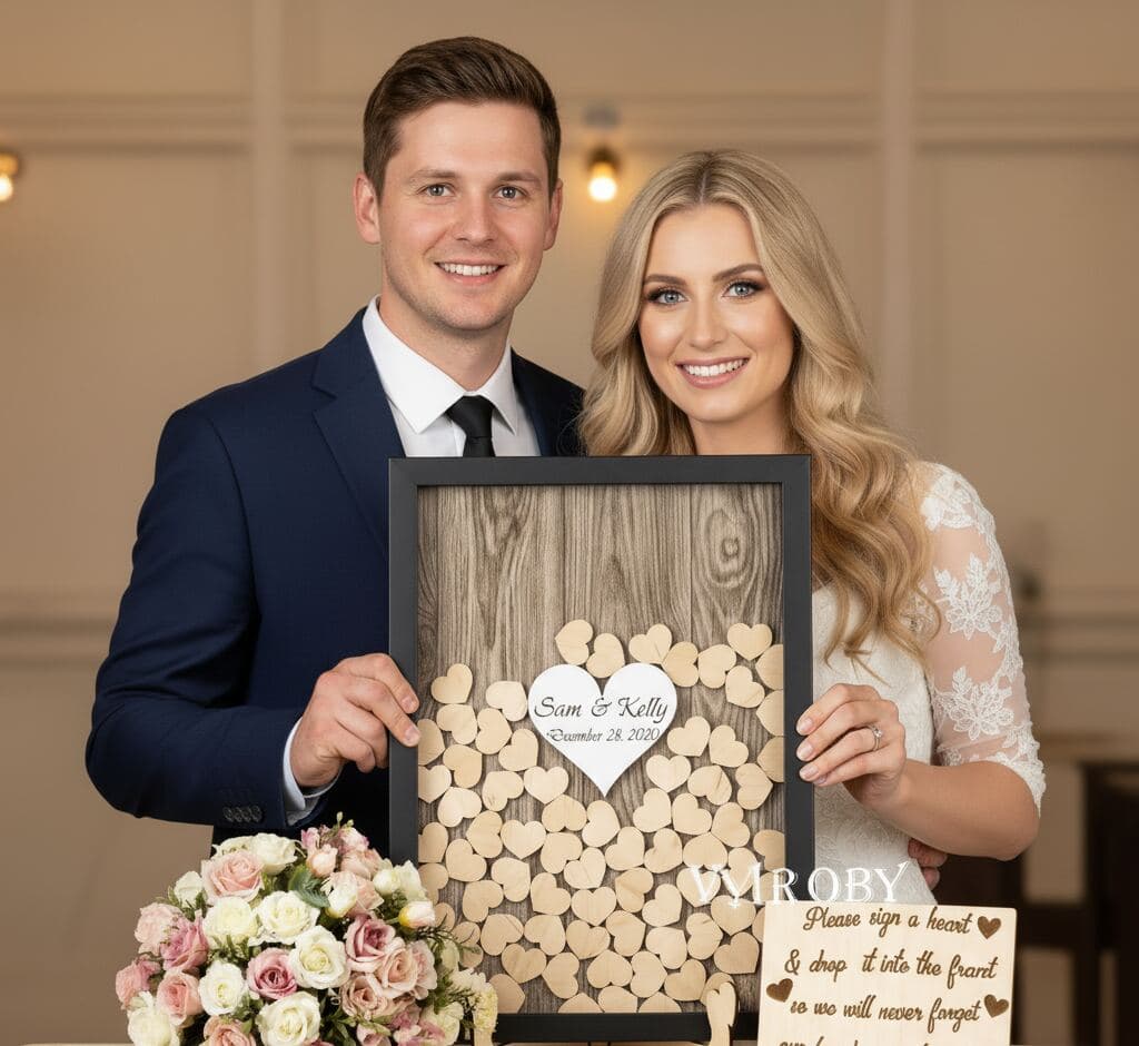 Wedding couple holding black shadowbox picture frame with rustic wood backing featuring personalized heart guest book surrounded by wooden heart drops for signatures with floral arrangement demonstrating custom shadow box for wedding guestbook alternative wedding day keepsakes reception memories bridal shower gifts and romantic anniversary shadowbox displays
