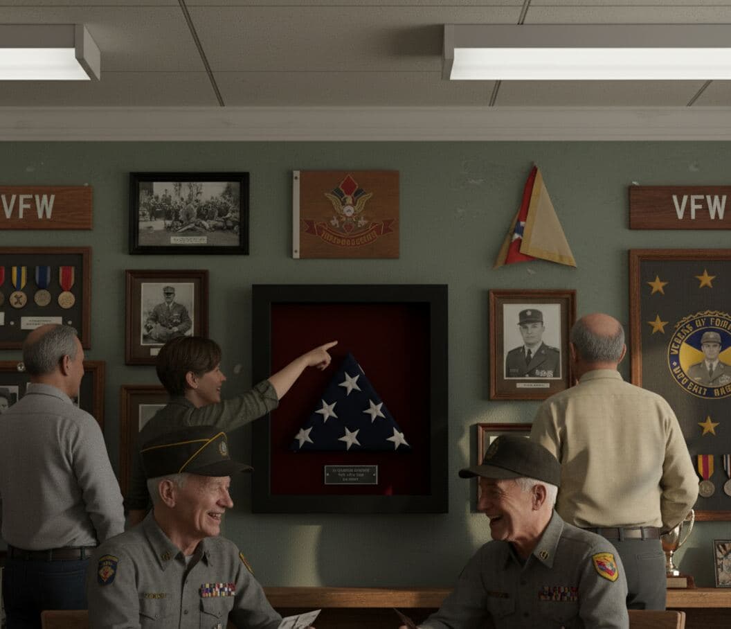 Veterans at VFW hall admiring wall-mounted black deep shadowbox frame containing ceremonial folded American flag with brass memorial plaque surrounded by service photographs unit patches and vintage military memorabilia demonstrating professional shadow box for veteran tributes VFW displays military hall of honor retirement ceremonies and patriotic memorial frames