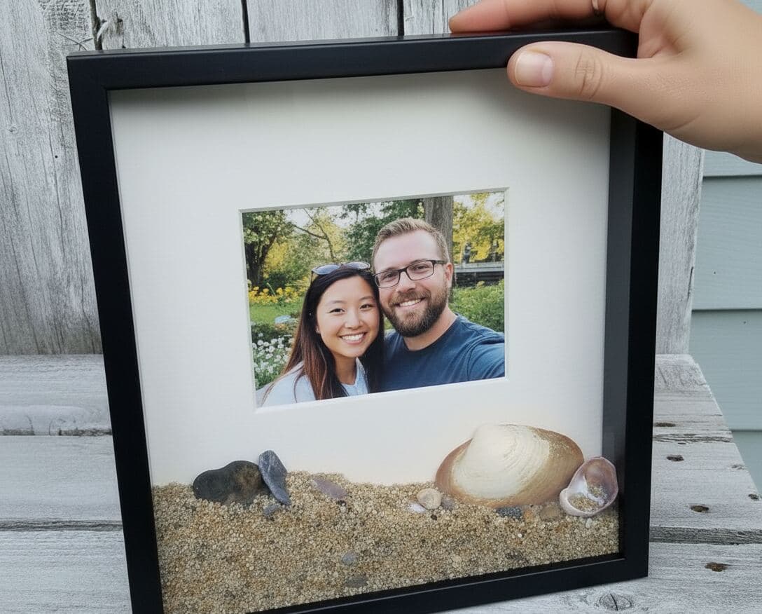 Outdoor beach shadowbox frame with coastal vacation memories featuring couple's photograph mounted above natural sand seashells and smooth beach stones in dimensional display demonstrating custom shadow box picture frame for travel keepsakes beach vacation memories honeymoon souvenirs seaside mementos and ocean-themed three-dimensional memory frames