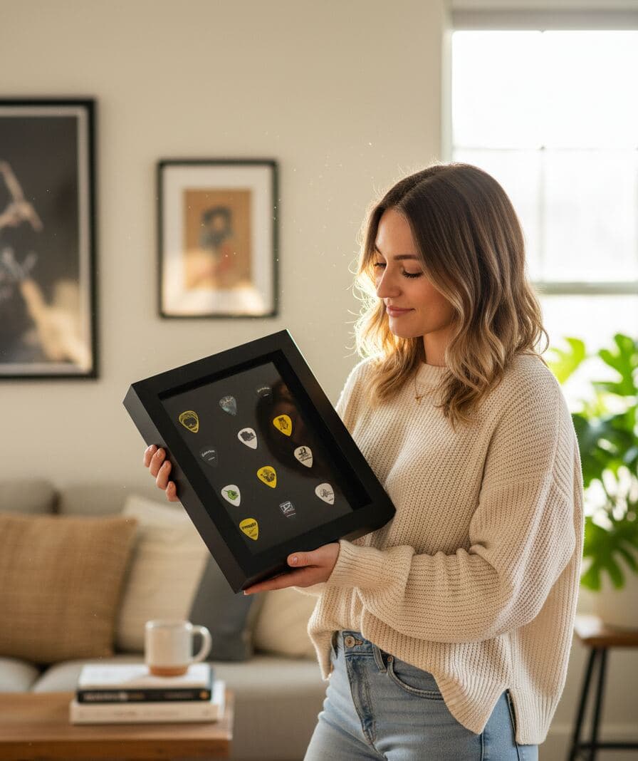 Woman displaying black shadowbox frame with colorful guitar pick collection featuring concert memorabilia from rock bands arranged in organized rows on dark background demonstrating music shadow box for guitar pick displays concert keepsakes band merchandise collections music memorabilia and dimensional picture frames for musician gifts