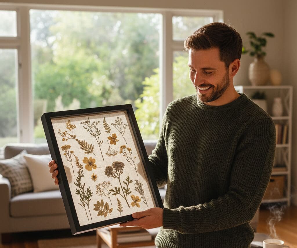 Man holding black shadowbox picture frame with pressed autumn botanicals featuring golden wildflowers ferns leaves and delicate stems artistically arranged on natural linen backing demonstrating custom shadow box for pressed flower art herbarium displays botanical specimens nature preservation fall foliage keepsakes and artisan dried plant collections