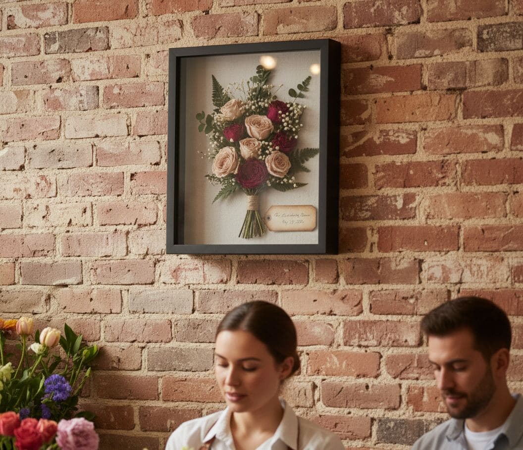 Black deep shadowbox frame mounted on exposed brick wall containing preserved bridal bouquet with burgundy and blush roses eucalyptus greenery and baby's breath with elegant date tag demonstrating custom shadow box for wedding flower preservation bridal bouquet displays anniversary keepsakes romantic memorabilia and three-dimensional wedding shadow boxes for rustic decor
