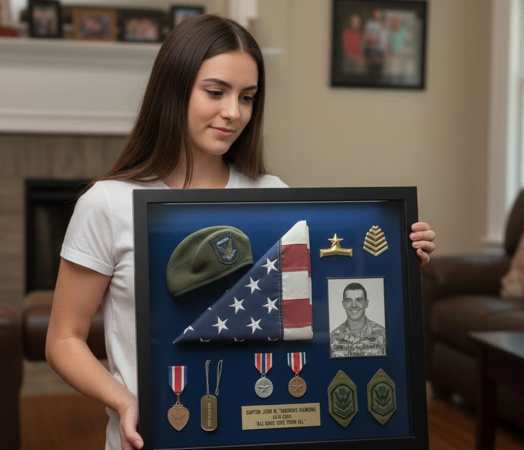 Woman holding black military shadowbox frame with folded American flag service member photograph Bronze Star medals dog tags and rank patches on navy blue mat board demonstrating professional shadow box picture frame for military retirement gifts fallen soldier tributes veteran memorial displays service recognition and patriotic family heirlooms