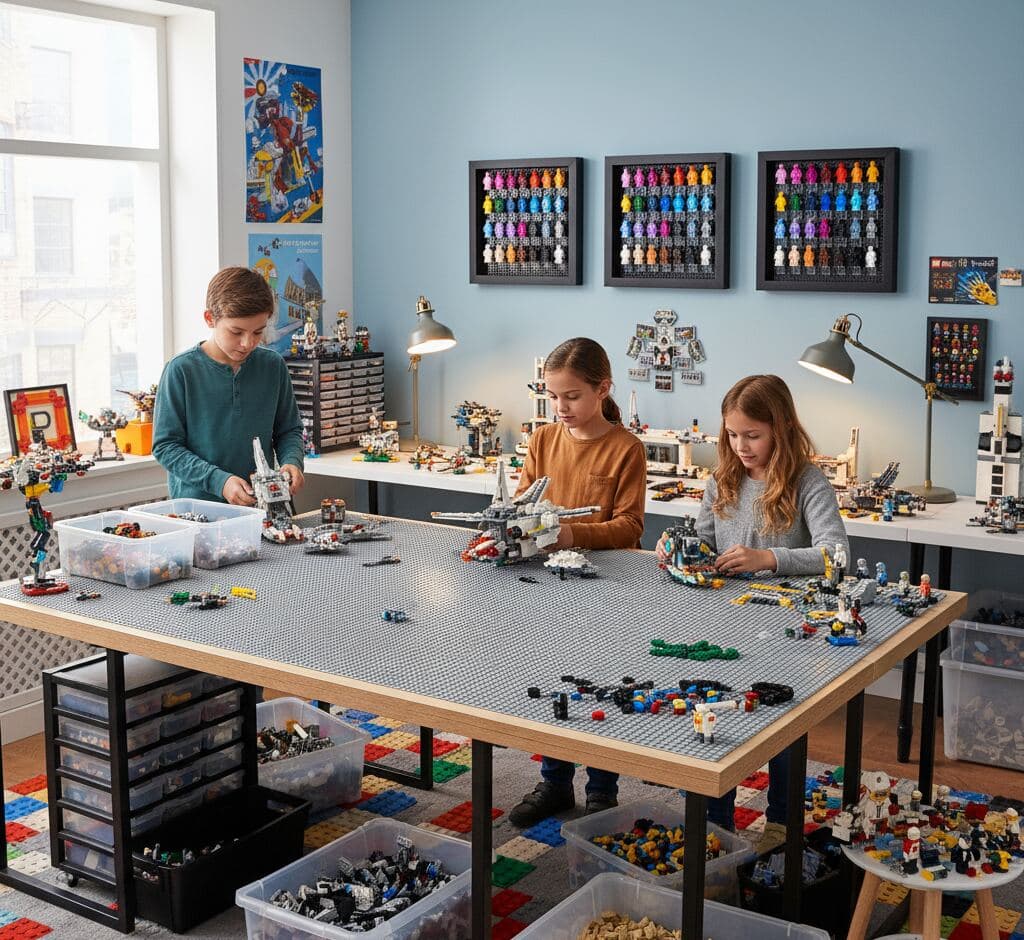 Children's LEGO building room featuring three wall-mounted black shadowbox frames displaying organized LEGO minifigure collections in rainbow colors on baseplate backings demonstrating custom shadow box for LEGO displays toy collections minifigure showcases kids room decor collectible toy framing and dimensional picture frames for modern playroom organization