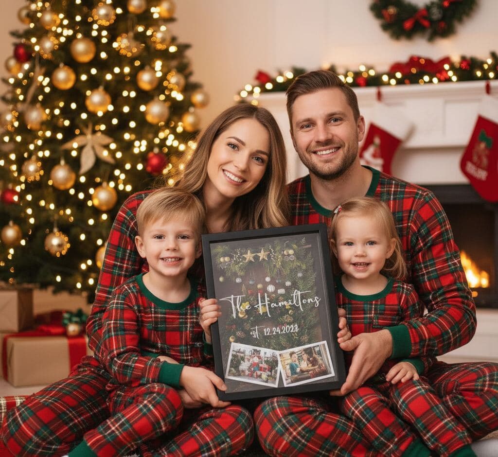 Family in matching plaid Christmas pajamas holding black shadowbox picture frame with personalized Hamilton family keepsake featuring holiday ornament border vacation photos and festive date demonstrating custom shadow box for Christmas memories family traditions holiday keepsakes seasonal displays year-in-review frames and dimensional picture frames for festive home decor