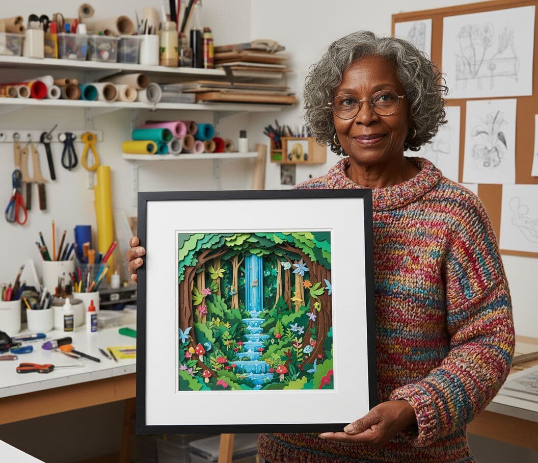 Artist in craft studio displaying black deep shadowbox frame with dimensional layered paper cut forest scene featuring emerald green canopy cascading waterfall and woodland path demonstrating custom shadow box for paper cutting art 3D paper craft displays handmade layered artwork nature-inspired shadow boxes and contemporary dimensional art frames