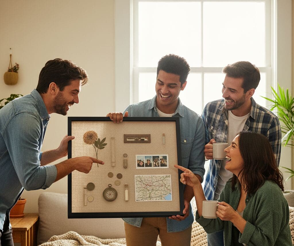 Friends admiring black shadowbox frame filled with travel memorabilia including dried sunflower vintage compass photos coins map and collected keepsakes on burlap backing demonstrating custom shadow box picture frame for travel memories adventure keepsakes vacation souvenirs friendship mementos wanderlust displays and dimensional travel memory frames