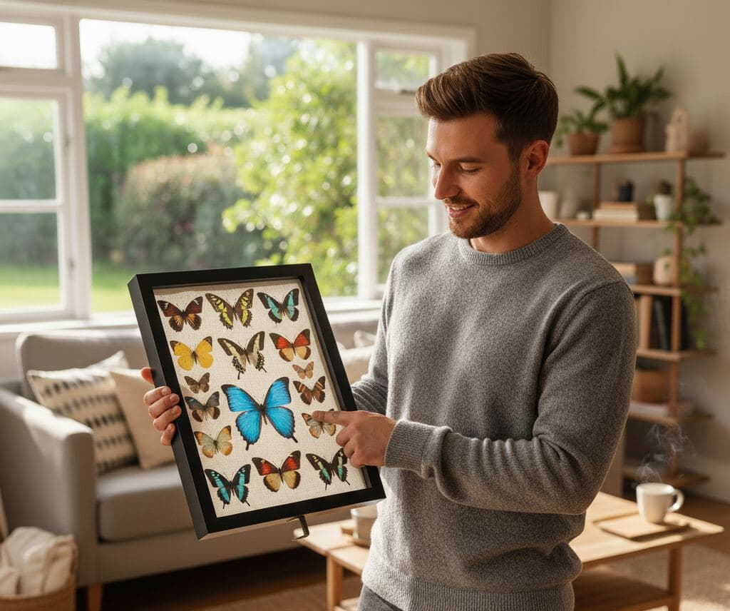 Collector displaying black specimen shadowbox frame containing colorful butterfly collection with vibrant blue morpho and tropical species on natural linen mounting demonstrating museum-quality shadow box for butterfly displays insect collections entomology specimens natural history preservation lepidoptera exhibits and conservation framing for exotic butterflies