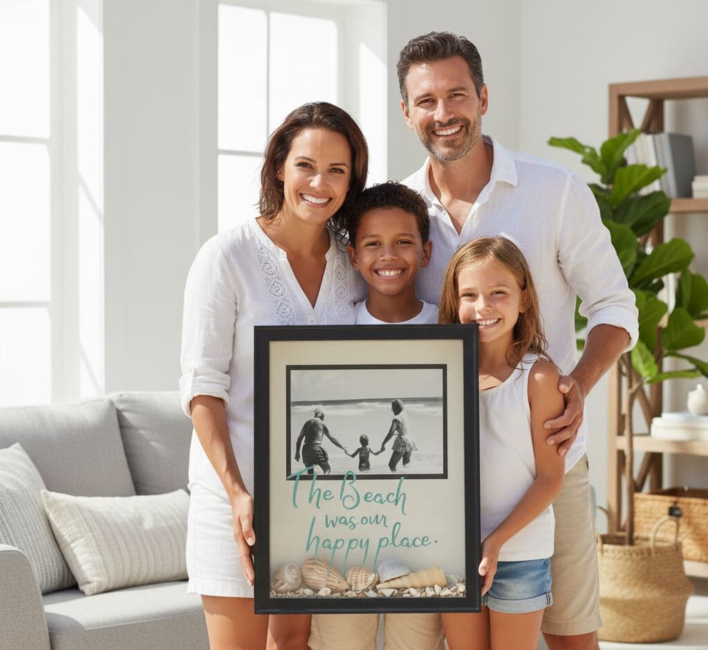 Family holding black shadowbox picture frame with beach vacation memory display featuring black and white family photo The Beach Was Our Happy Place quote and real seashells demonstrating custom shadow box for coastal memories seaside vacation keepsakes family beach trips ocean souvenirs dimensional photo frames and three-dimensional coastal shadow boxes