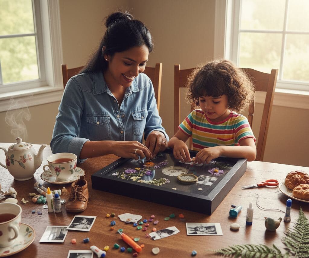Mother and daughter crafting black deep shadowbox frame at dining table arranging pressed flowers baby shoes vintage photos and treasured items demonstrating DIY shadow box creation custom memory frame project family craft activity keepsake preservation and personalized shadowbox picture frame assembly for sentimental displays