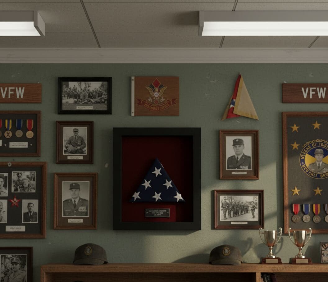 VFW veteran memorial hall featuring wall-mounted black shadowbox frame with ceremonial folded American flag brass plaque surrounded by military service photographs unit patches and historical memorabilia demonstrating professional shadow box for VFW displays veteran hall tributes military memorial walls patriotic installations and commemorative picture frames for fallen heroes
