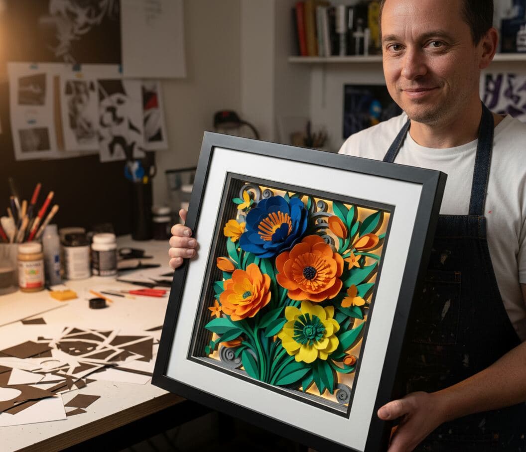 Artist in studio holding black shadowbox frame with dimensional layered paper cut flower art featuring vibrant orange yellow and blue blooms with intricate depth demonstrating custom shadow box for paper sculpture art dimensional paper flowers layered craft displays artistic 3D shadowboxes contemporary paper art frames and precision-built dimensional picture frames