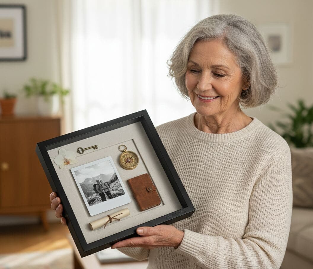 Senior woman displaying black shadowbox picture frame with vintage travel keepsakes including antique compass brass key leather wallet and black and white mountain photograph demonstrating custom shadow box for vintage memorabilia family heirlooms nostalgia displays antique collections heritage keepsakes and sentimental three-dimensional memory frames