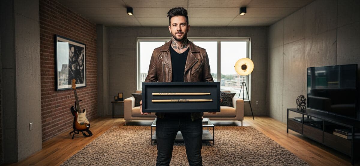 Musician in modern loft holding black deep shadowbox frame containing pair of signed drumsticks mounted on sleek backing with industrial decor demonstrating custom shadow box for music memorabilia signed drumsticks concert souvenirs band merchandise musician gifts rock and roll collectibles and dimensional picture frames for music enthusiasts