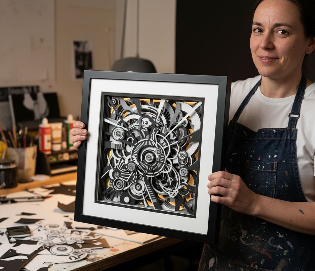 Woman artist in workshop displaying black shadowbox frame with dimensional monochromatic paper cut art featuring intricate geometric mechanical gears and industrial design demonstrating custom shadow box for contemporary paper art abstract dimensional artwork modern shadow boxes geometric art displays industrial design frames and three-dimensional sculptural picture frames