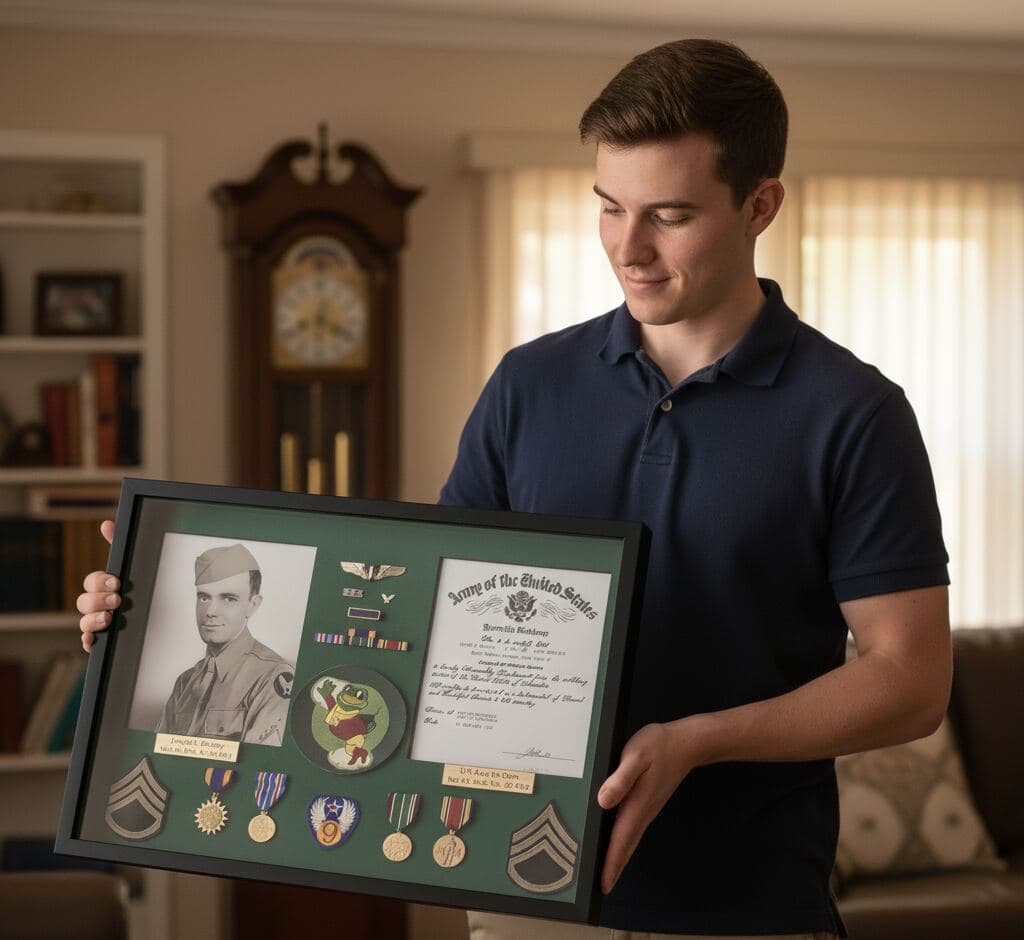 Young man displaying black deep shadowbox frame containing WWII veteran memorabilia with service photograph wings medals ribbons official discharge certificate and unit patches on military green mat demonstrating professional shadow box for WWII tributes greatest generation memorials historical military displays vintage service records and patriotic family heirloom picture frames